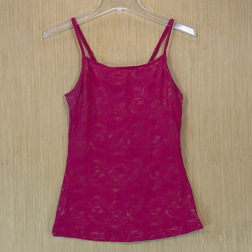 Hot Pink Lace Cami Tank Top Women's Small Layering Nude Lace Overlay Floral